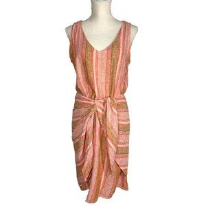Drew Linen Blend Sleeveless Wrap Waist Tie Stripe Dress Medium
